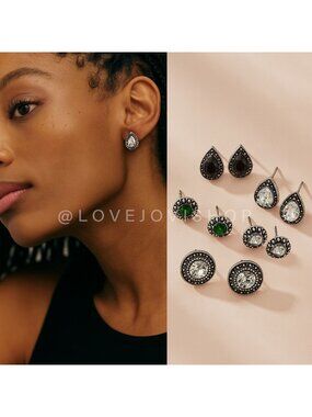 Earrings | Ajio Antiqued Silver Stud Collection | Green Clear Rhinestone